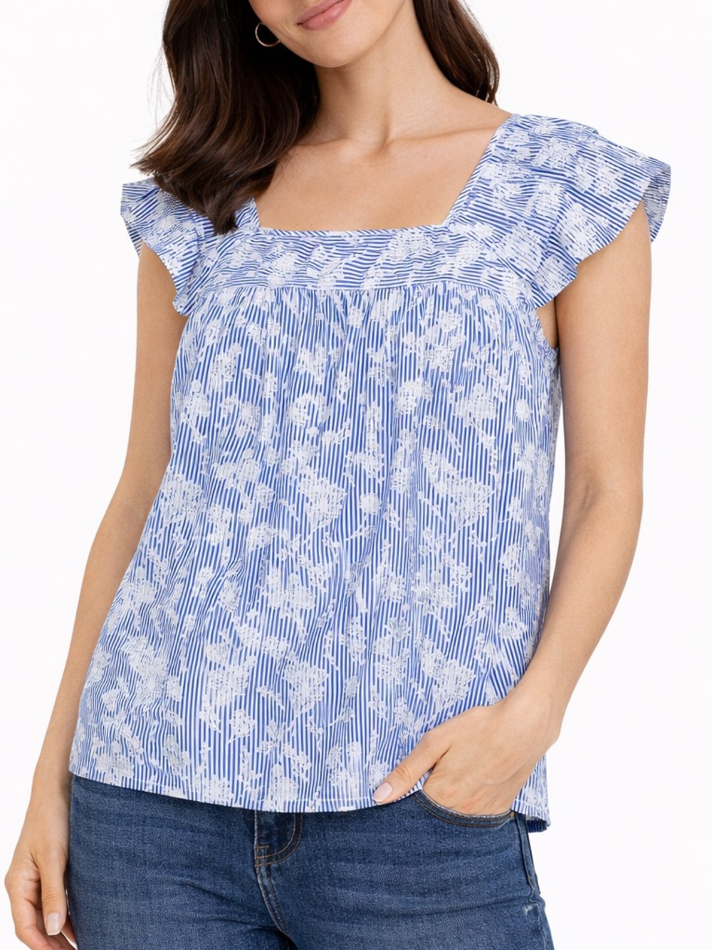 Liverpool Los Angeles Blue Short Sleeve Blouse Floral and  Striped Size XS